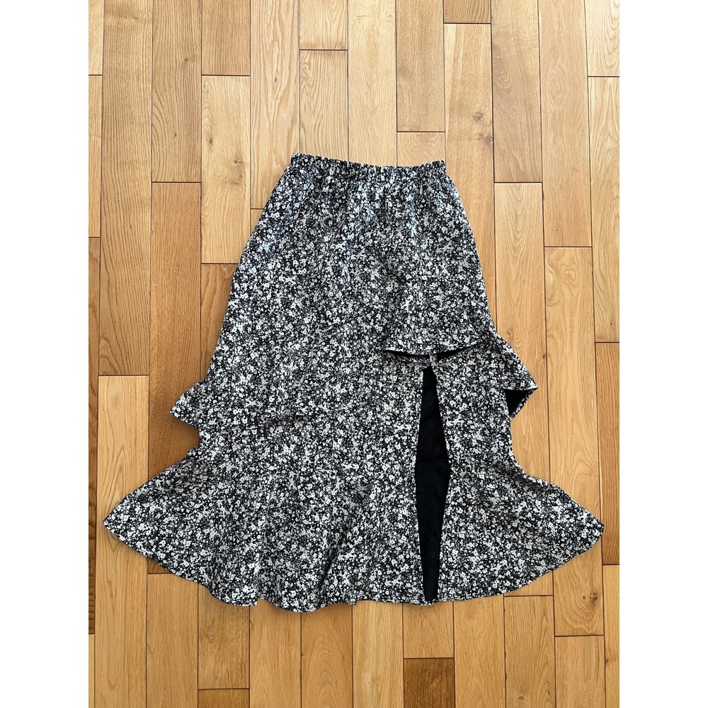 GANNI Tiered Ruffle Midi Skirt Black White Floral Slit Womens Size XS or 2